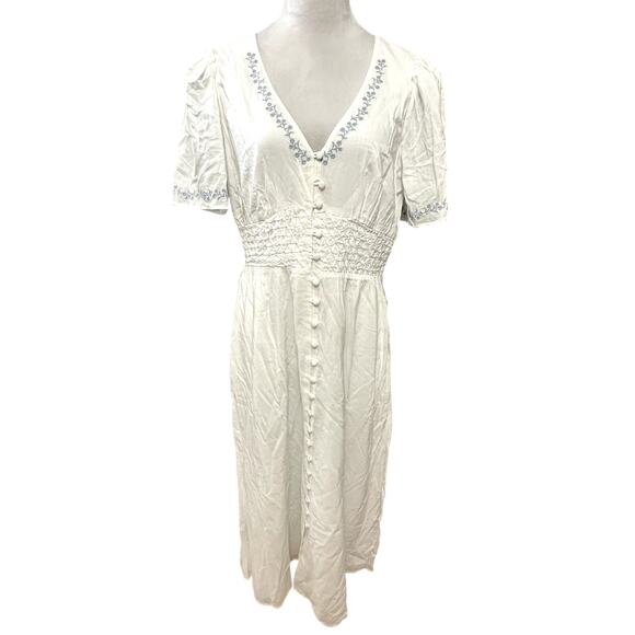 Reformation Midi Dress V Neck Full Button Embroidered Floral White Blue 4 NWOT - Picture 3 of 11